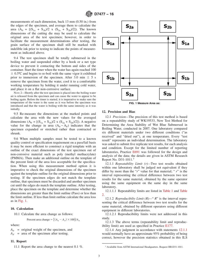 ASTM D7477-16 - Standard Test Method for  Determining the Area Stability of Wet Blue Submersed in Boiling  Water