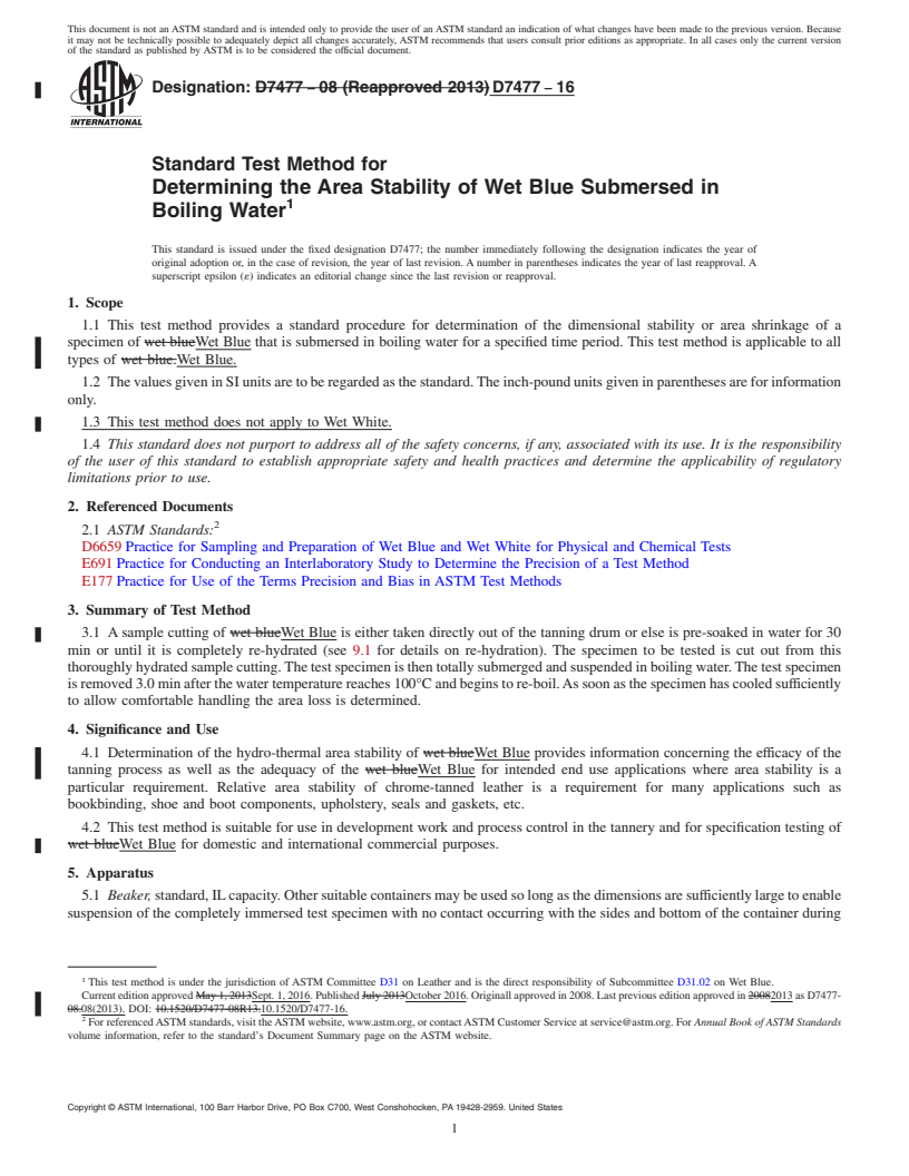 REDLINE ASTM D7477-16 - Standard Test Method for  Determining the Area Stability of Wet Blue Submersed in Boiling  Water