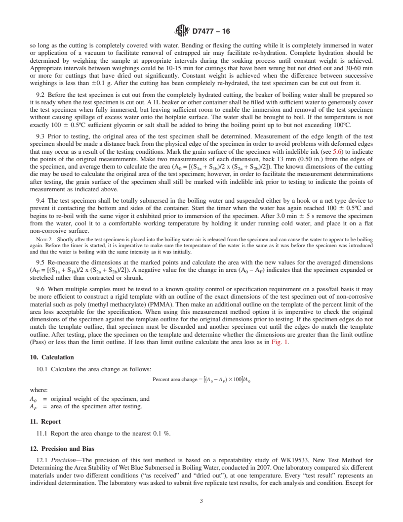 REDLINE ASTM D7477-16 - Standard Test Method for  Determining the Area Stability of Wet Blue Submersed in Boiling  Water