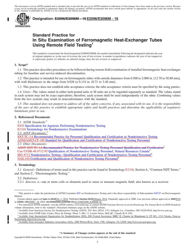 REDLINE ASTM E2096/E2096M-16 - Standard Practice for In Situ Examination of Ferromagnetic Heat-Exchanger Tubes Using  Remote Field Testing