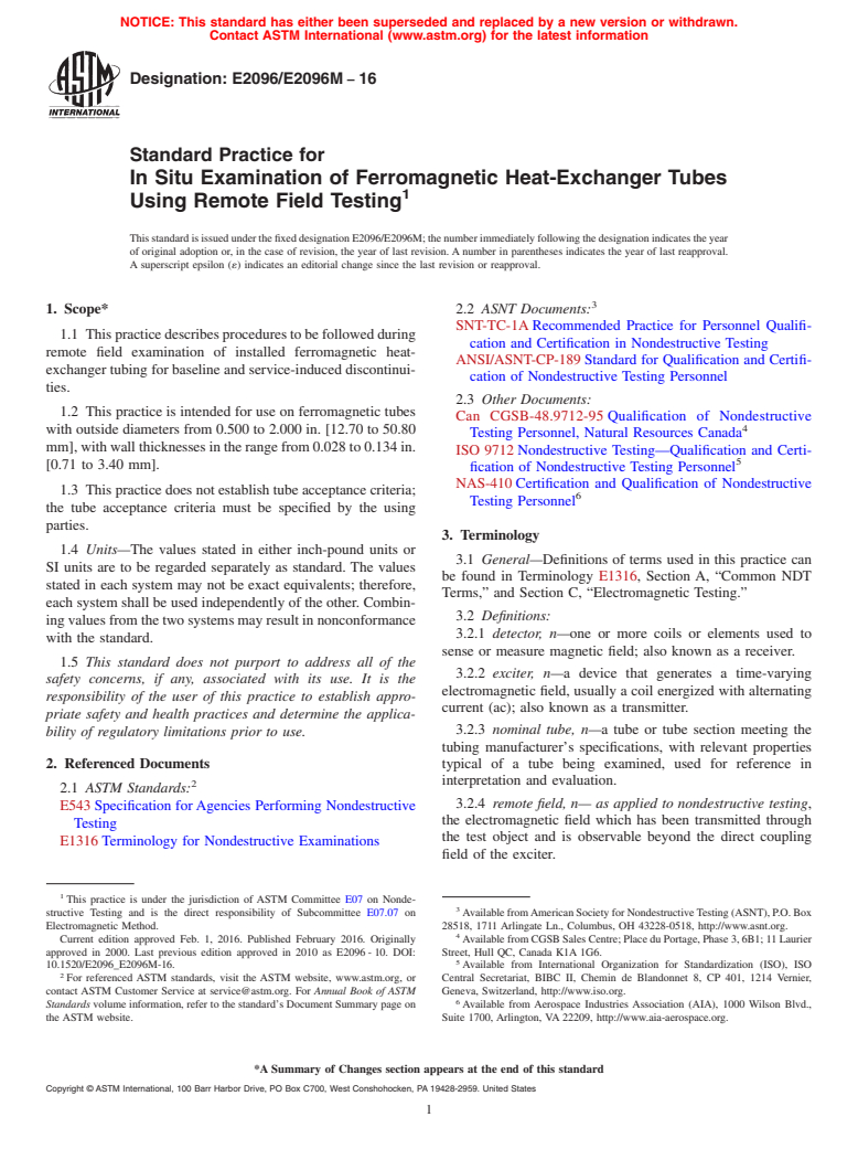 ASTM E2096/E2096M-16 - Standard Practice for In Situ Examination of Ferromagnetic Heat-Exchanger Tubes Using  Remote Field Testing