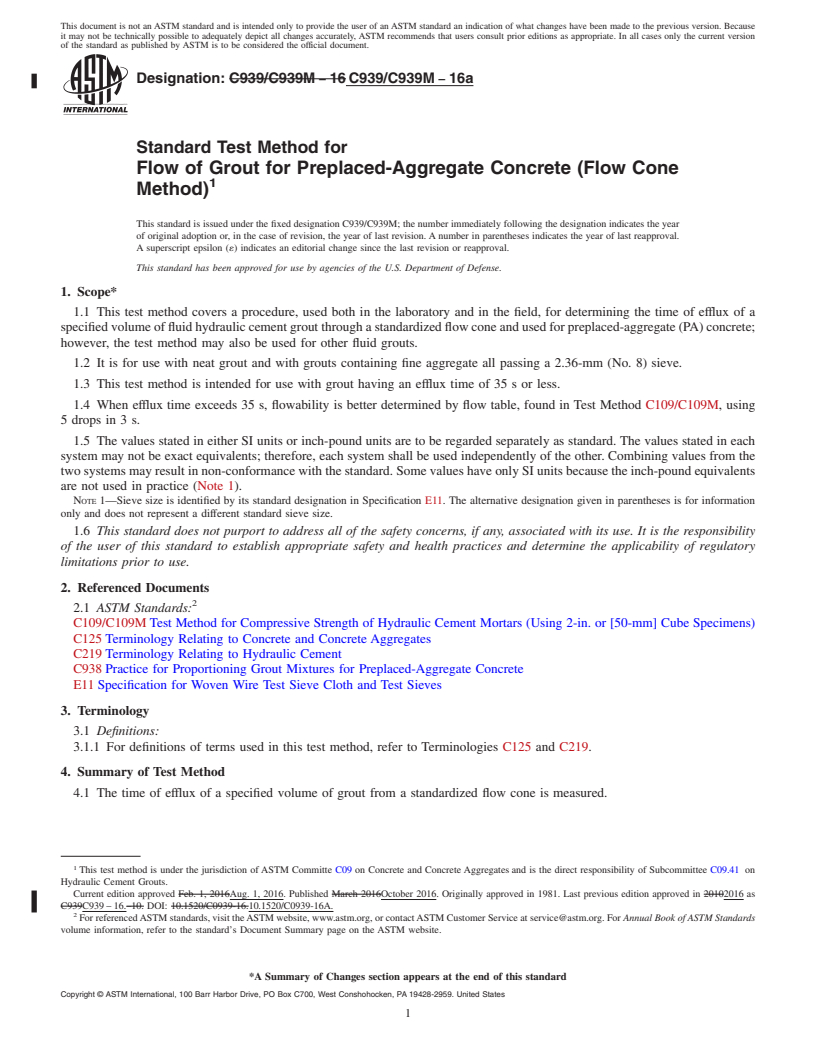 REDLINE ASTM C939/C939M-16a - Standard Test Method for  Flow of Grout for Preplaced-Aggregate Concrete (Flow Cone Method)