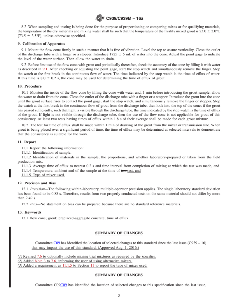 REDLINE ASTM C939/C939M-16a - Standard Test Method for  Flow of Grout for Preplaced-Aggregate Concrete (Flow Cone Method)