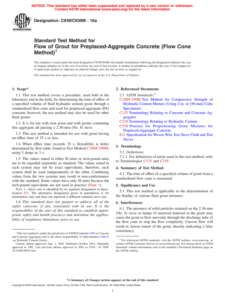 ASTM C939/C939M-16a - Standard Test Method for  Flow of Grout for Preplaced-Aggregate Concrete (Flow Cone Method)