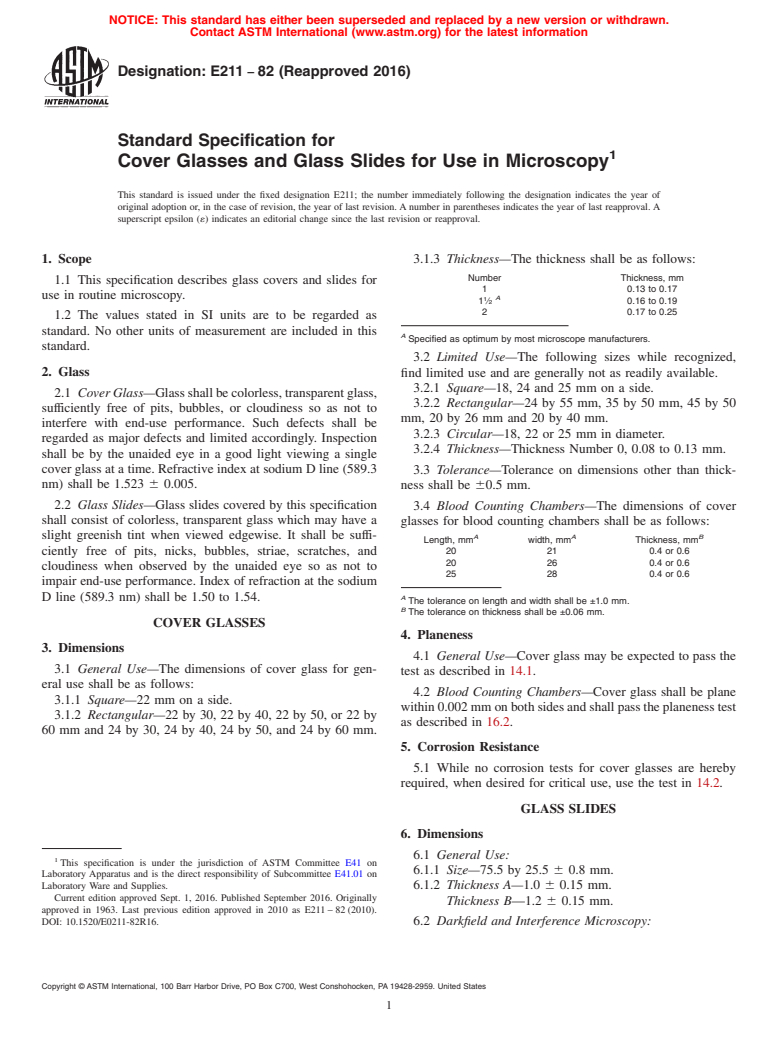 ASTM E211-82(2016) - Standard Specification for  Cover Glasses and Glass Slides for Use in Microscopy