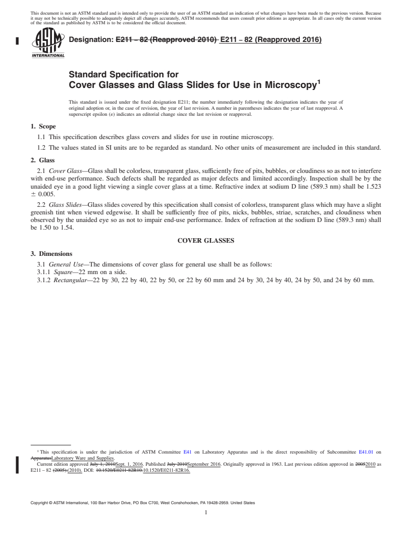 REDLINE ASTM E211-82(2016) - Standard Specification for  Cover Glasses and Glass Slides for Use in Microscopy