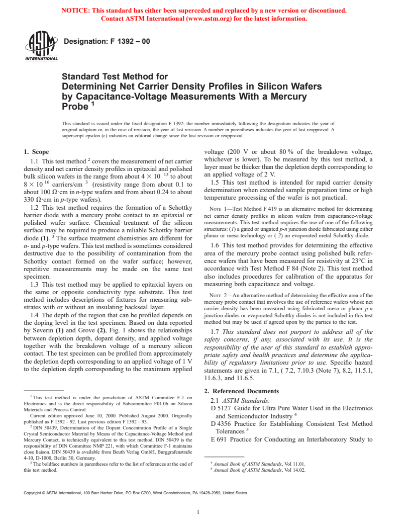 ASTM F1392-00 - Standard Test Method for Determining Net Carrier Density Profiles in Silicon Wafers by Capacitance-Voltage Measurements With a Mercury Probe