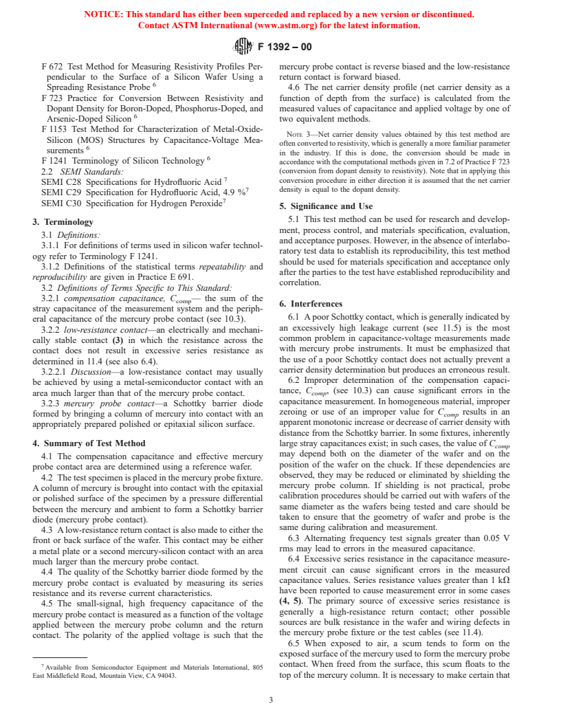 ASTM F1392-00 - Standard Test Method for Determining Net Carrier Density Profiles in Silicon Wafers by Capacitance-Voltage Measurements With a Mercury Probe