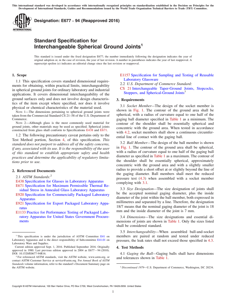 ASTM E677-94(2016) - Standard Specification for  Interchangeable Spherical Ground Joints