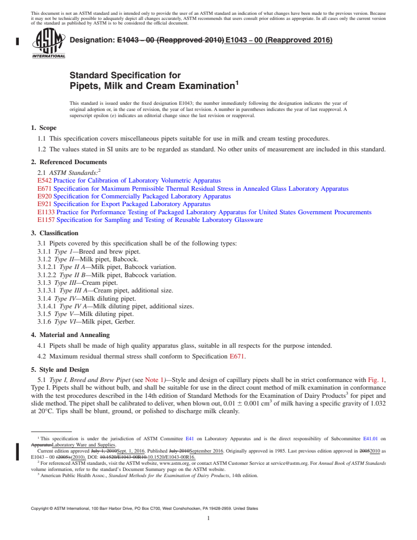 REDLINE ASTM E1043-00(2016) - Standard Specification for  Pipets, Milk and Cream Examination