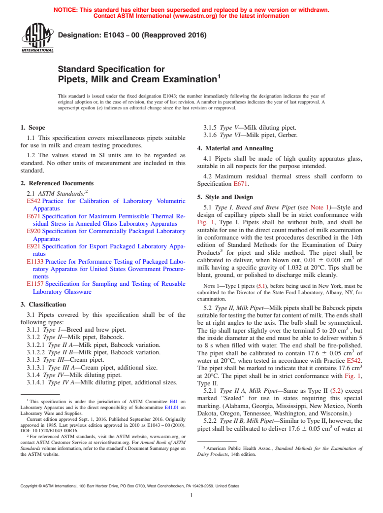 ASTM E1043-00(2016) - Standard Specification for  Pipets, Milk and Cream Examination