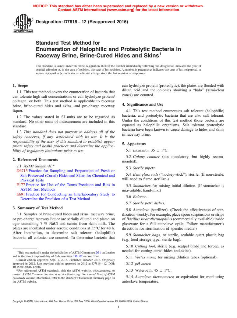 ASTM D7816-12(2016) - Standard Test Method for Enumeration of Halophilic and Proteolytic Bacteria in Raceway  Brine, Brine-Cured Hides and Skins