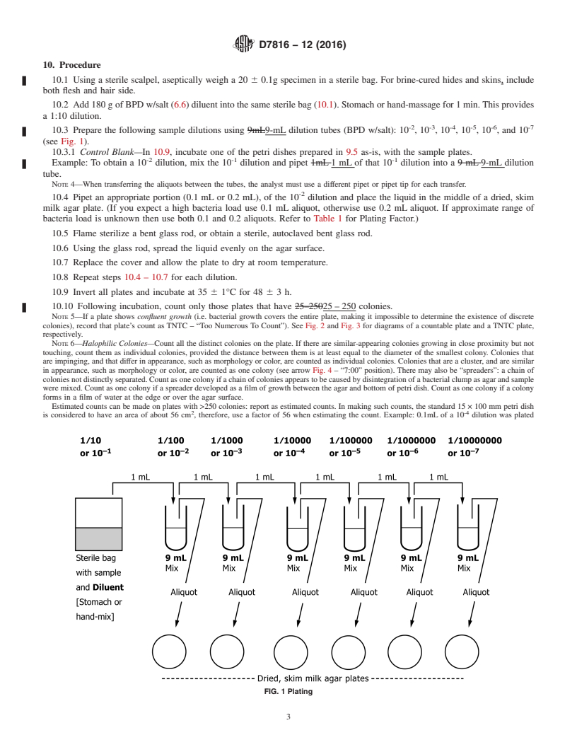 REDLINE ASTM D7816-12(2016) - Standard Test Method for Enumeration of Halophilic and Proteolytic Bacteria in Raceway  Brine, Brine-Cured Hides and Skins