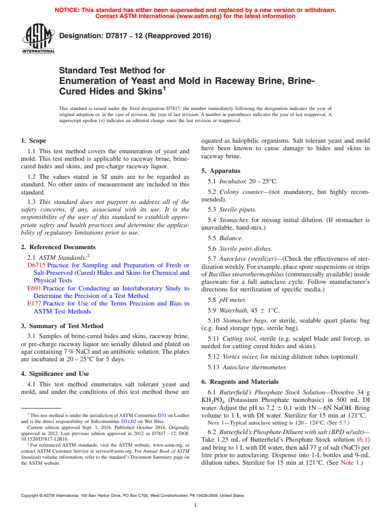 ASTM D7817-12(2016) - Standard Test Method for Enumeration of Yeast and Mold in Raceway Brine, Brine-Cured  Hides and Skins