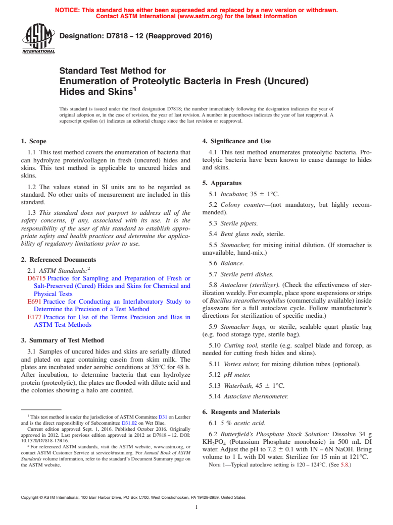 ASTM D7818-12(2016) - Standard Test Method for Enumeration of  Proteolytic Bacteria in Fresh (Uncured) Hides  and Skins