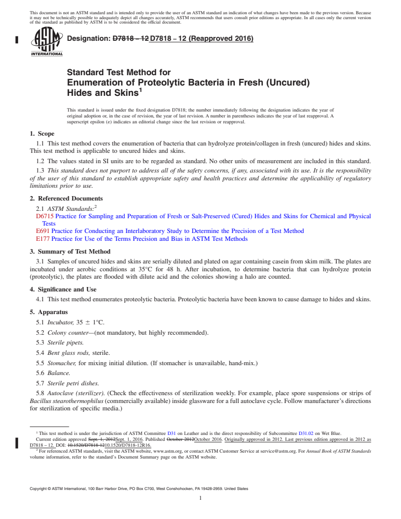 REDLINE ASTM D7818-12(2016) - Standard Test Method for Enumeration of  Proteolytic Bacteria in Fresh (Uncured) Hides  and Skins