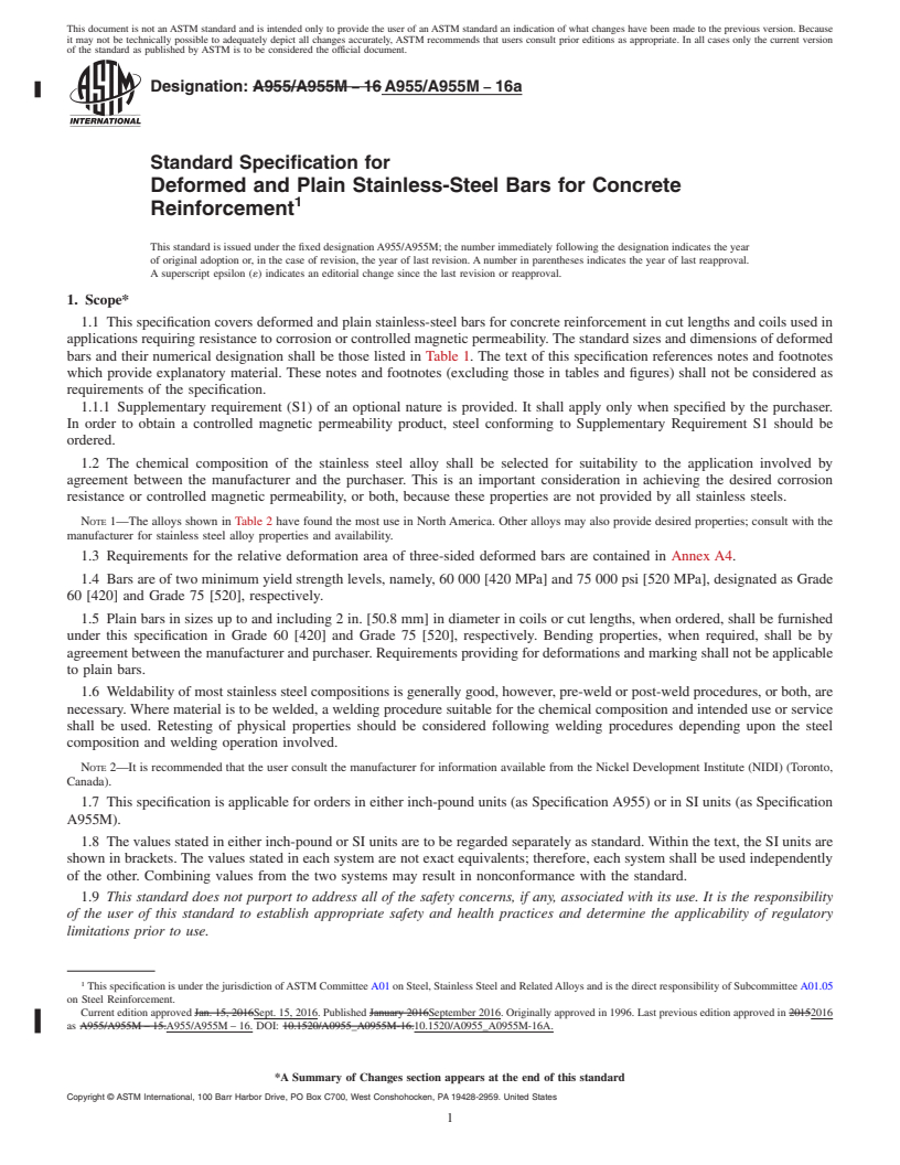 REDLINE ASTM A955/A955M-16a - Standard Specification for  Deformed and Plain Stainless-Steel Bars for Concrete Reinforcement