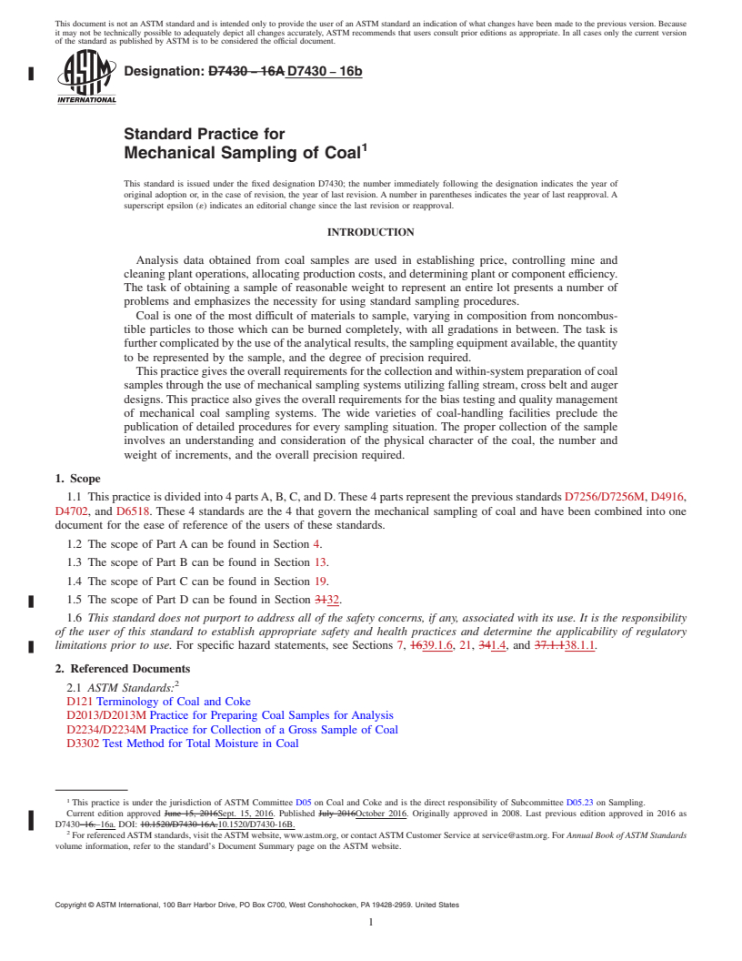 REDLINE ASTM D7430-16b - Standard Practice for Mechanical Sampling of Coal
