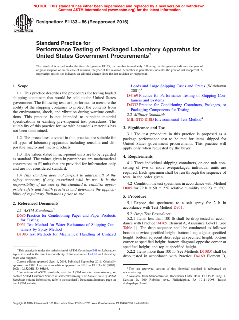 ASTM E1133-86(2016) - Standard Practice for  Performance Testing of Packaged Laboratory Apparatus for United  States Government Procurements