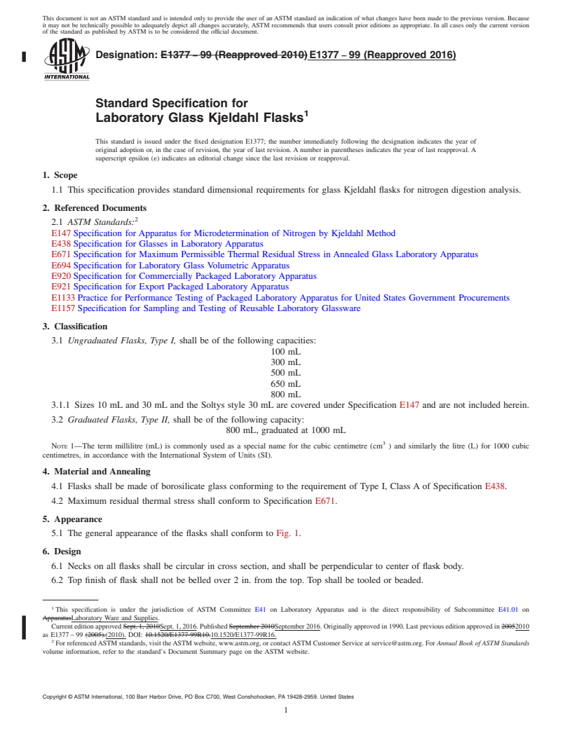 REDLINE ASTM E1377-99(2016) - Standard Specification for  Laboratory Glass Kjeldahl Flasks