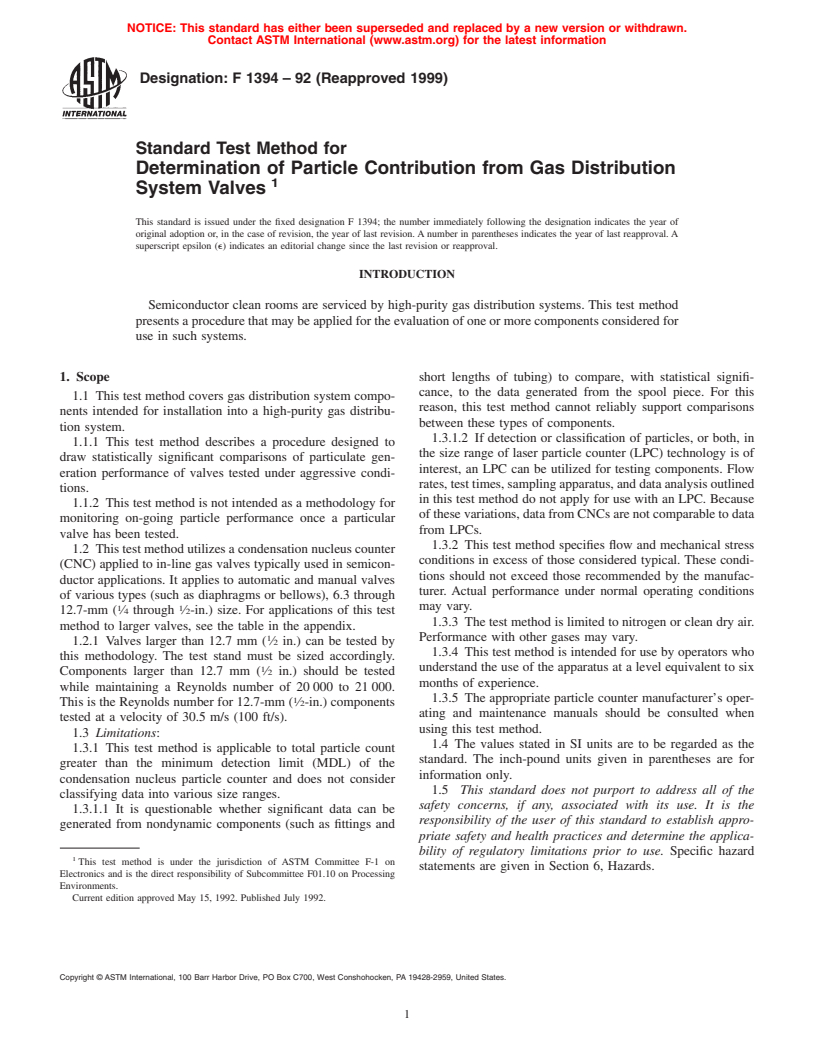 ASTM F1394-92(1999) - Standard Test Method for Determination of Particle Contribution from Gas Distribution System Valves