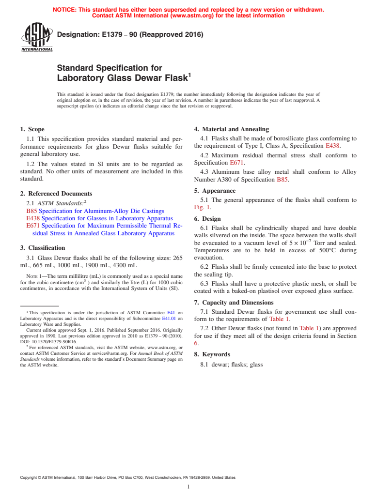 ASTM E1379-90(2016) - Standard Specification for  Laboratory Glass Dewar Flask