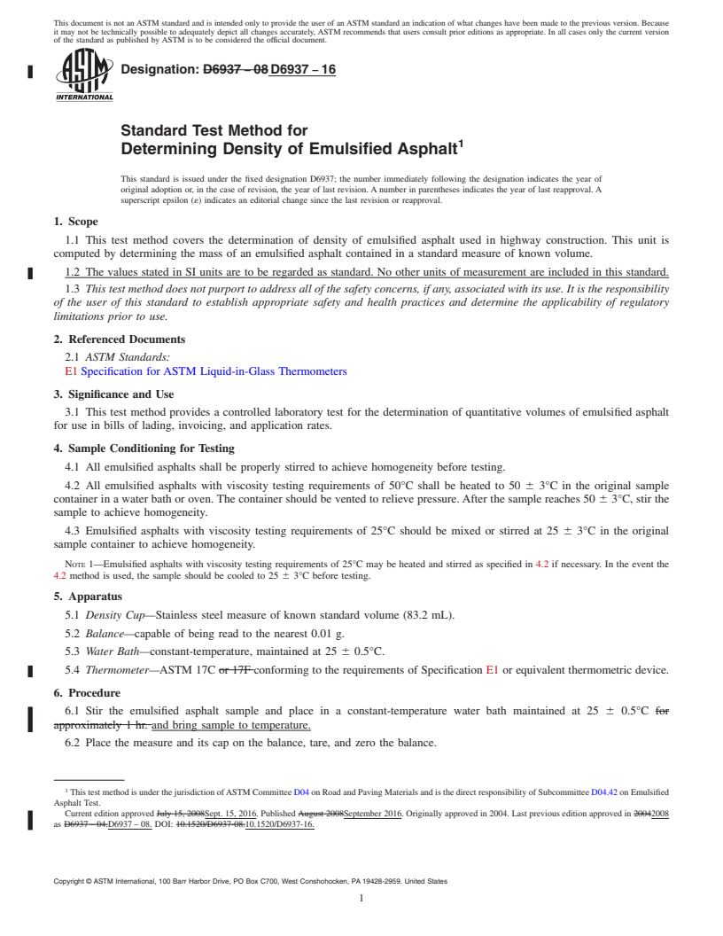 REDLINE ASTM D6937-16 - Standard Test Method for Determining  Density of Emulsified Asphalt
