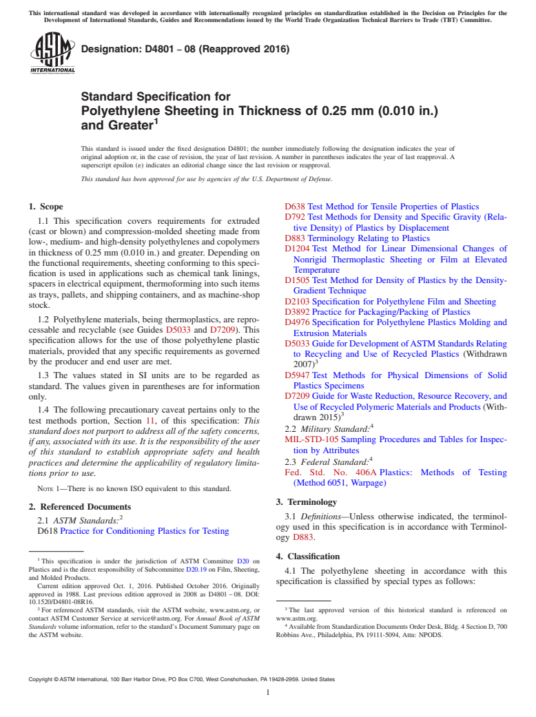 ASTM D4801-08(2016) - Standard Specification for  Polyethylene Sheeting in Thickness of 0.25 mm (0.010 in.) and  Greater