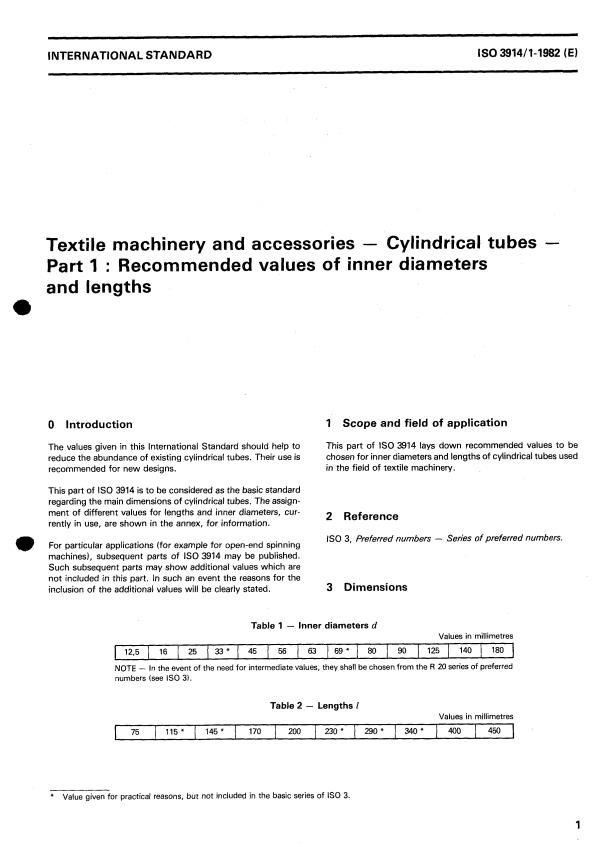 ISO 3914-1:1982 - Textile machinery and accessories -- Cylindrical tubes