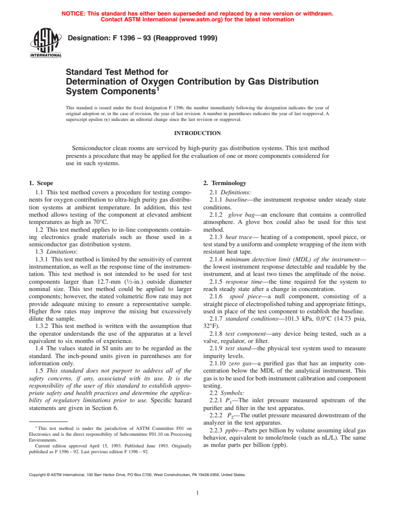 ASTM F1396-93(1999) - Standard Test Method for Determination of Oxygen Contribution by Gas Distribution System Components