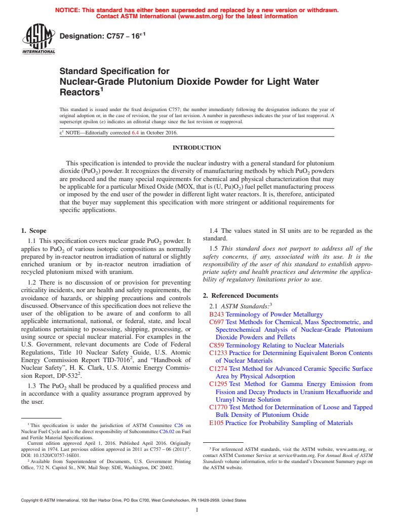 ASTM C757-16e1 - Standard Specification for  Nuclear-Grade Plutonium Dioxide Powder for Light Water Reactors