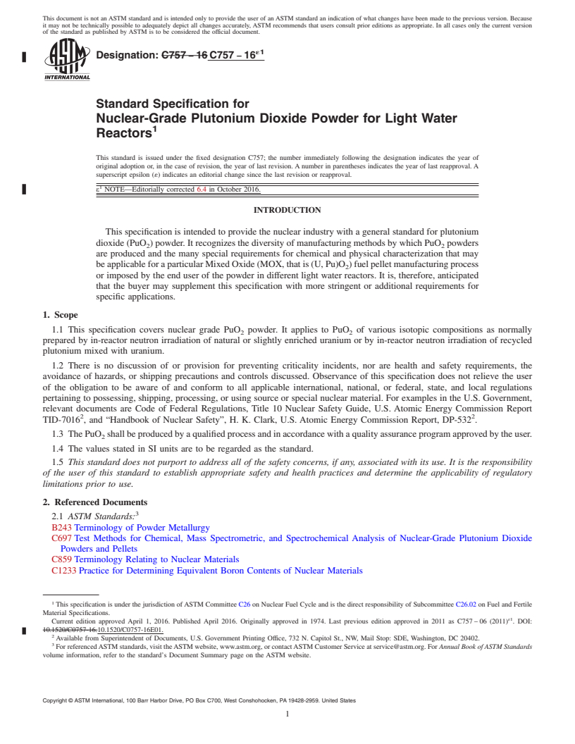 REDLINE ASTM C757-16e1 - Standard Specification for  Nuclear-Grade Plutonium Dioxide Powder for Light Water Reactors