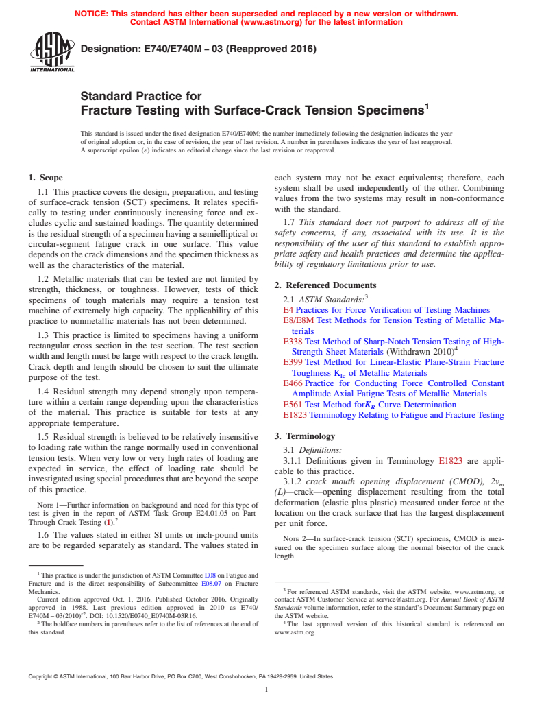 ASTM E740/E740M-03(2016) - Standard Practice for  Fracture Testing with Surface-Crack Tension Specimens