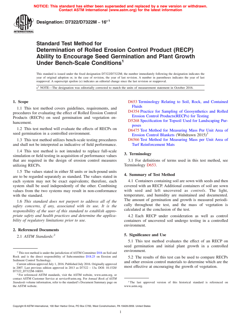 ASTM D7322/D7322M-16e1 - Standard Test Method for Determination of Rolled Erosion Control Product (RECP) Ability  to Encourage Seed Germination and Plant Growth Under Bench-Scale Conditions