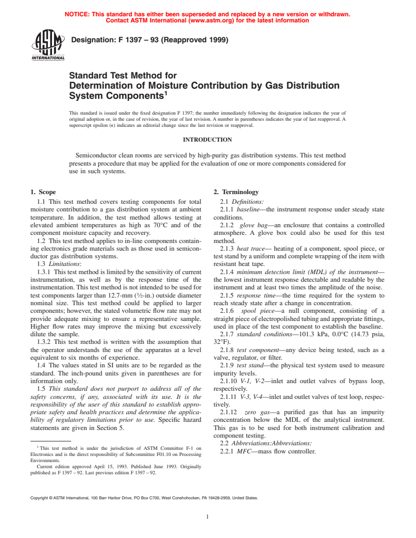 ASTM F1397-93(1999) - Standard Test Method for Determination of Moisture Contribution by Gas Distribution System Components