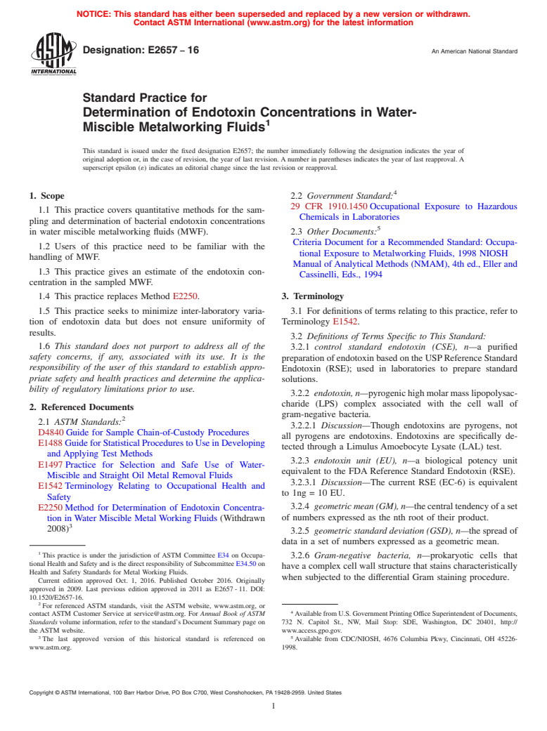 ASTM E2657-16 - Standard Practice for  Determination of Endotoxin Concentrations in Water-Miscible  Metalworking Fluids