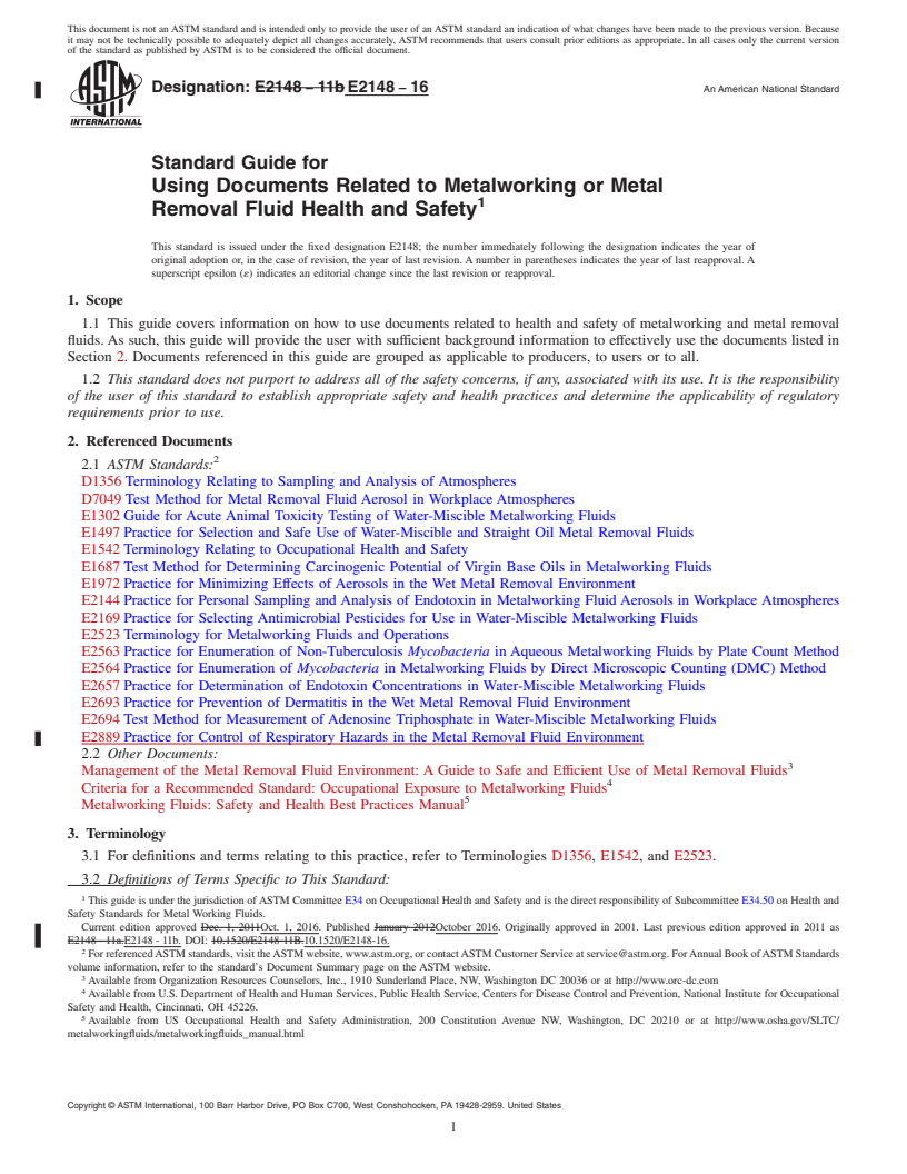 REDLINE ASTM E2148-16 - Standard Guide for  Using Documents Related to Metalworking or Metal Removal Fluid  Health and Safety