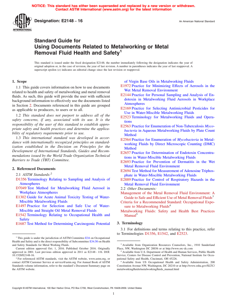 ASTM E2148-16 - Standard Guide for  Using Documents Related to Metalworking or Metal Removal Fluid  Health and Safety