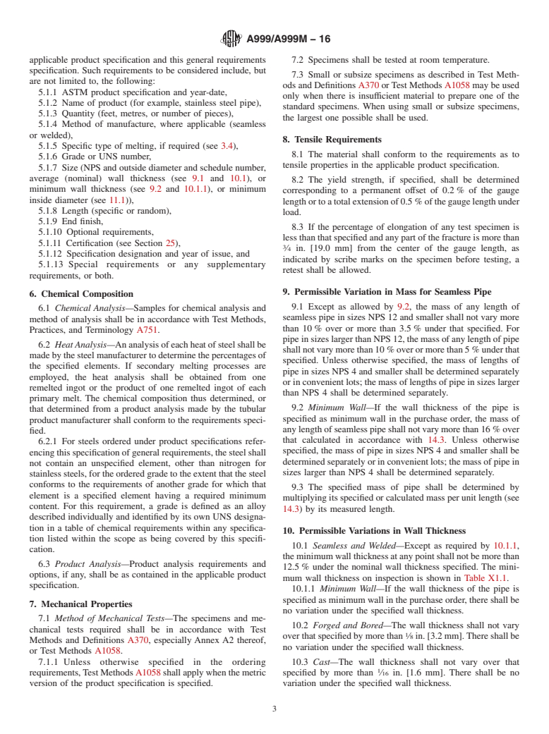 ASTM A999/A999M-16 - Standard Specification for  General Requirements for Alloy and Stainless Steel Pipe