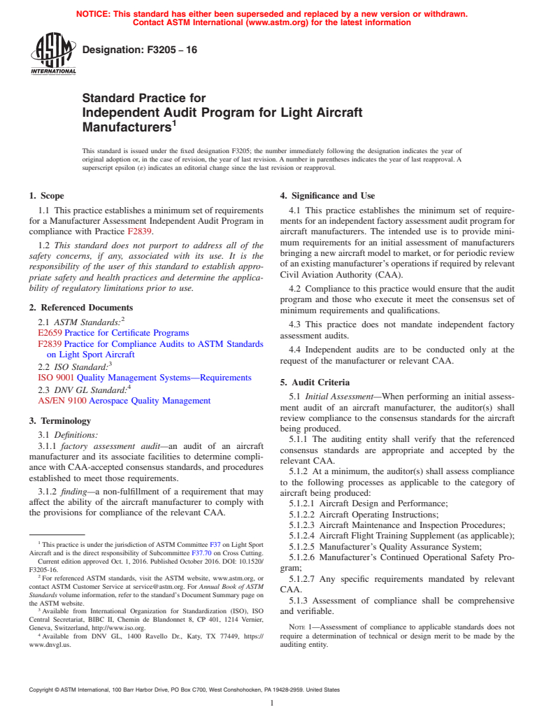 ASTM F3205-16 - Standard Practice for Independent Audit Program for Light Aircraft Manufacturers