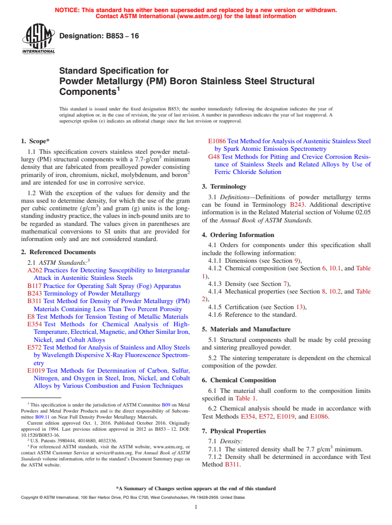 ASTM B853-16 - Standard Specification for  Powder Metallurgy (PM) Boron Stainless Steel Structural Components