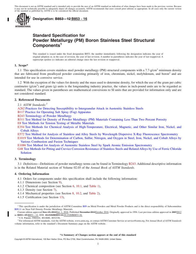 REDLINE ASTM B853-16 - Standard Specification for  Powder Metallurgy (PM) Boron Stainless Steel Structural Components