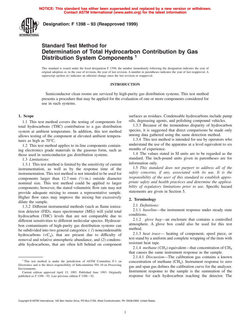 ASTM F1398-93(1999) - Standard Test Method for Determination of Total Hydrocarbon Contribution by Gas Distribution System Components