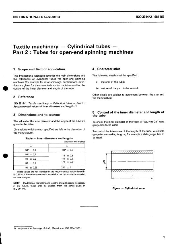 ISO 3914-2:1981 - Textile machinery -- Cylindrical tubes