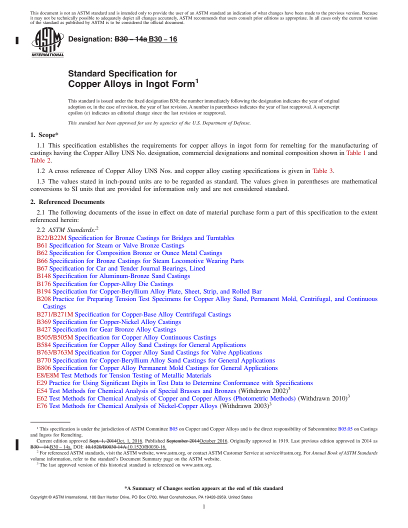 REDLINE ASTM B30-16 - Standard Specification for Copper Alloys in Ingot Form