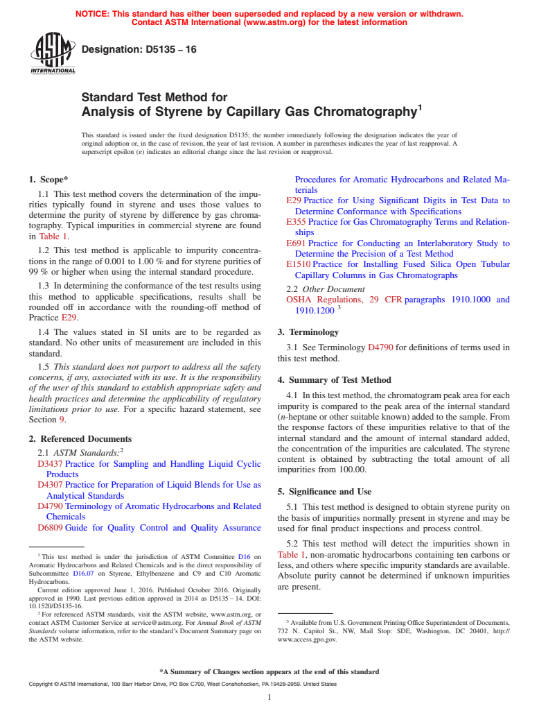 ASTM D5135-16 - Standard Test Method for Analysis of Styrene by Capillary Gas Chromatography