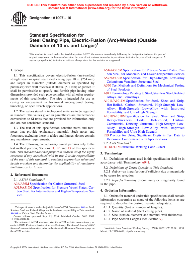 ASTM A1097-16 - Standard Specification for Steel Casing Pipe, Electric ...