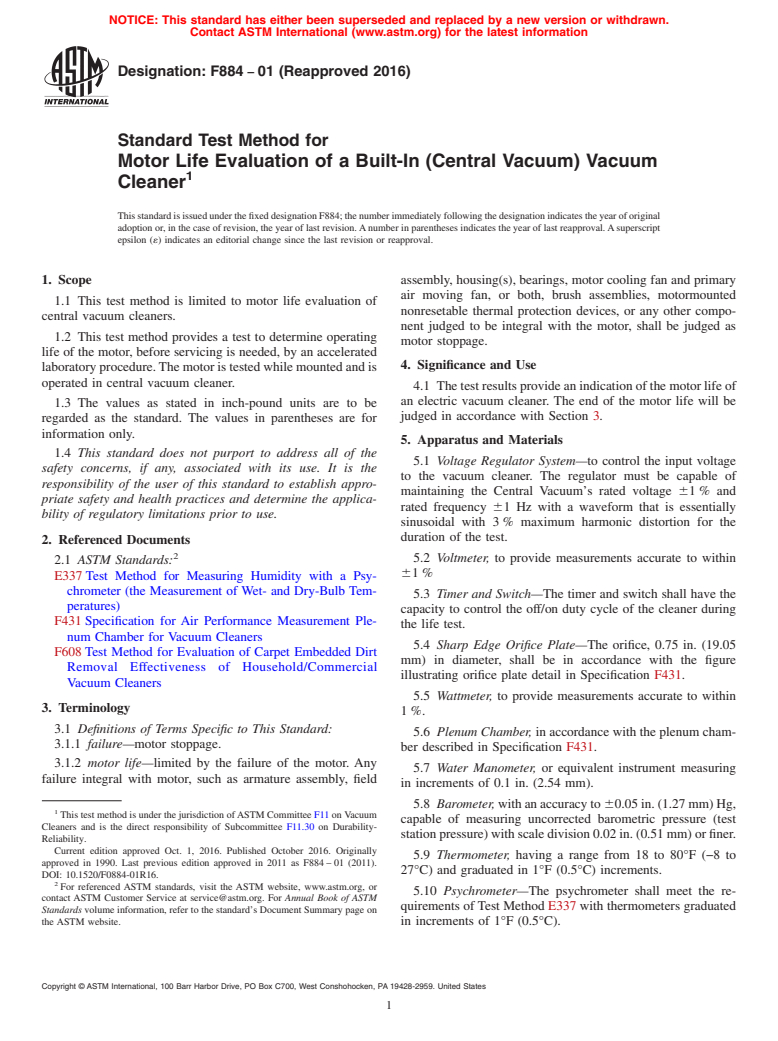 ASTM F884-01(2016) - Standard Test Method for  Motor Life Evaluation of a Built-In (Central Vacuum) Vacuum  Cleaner