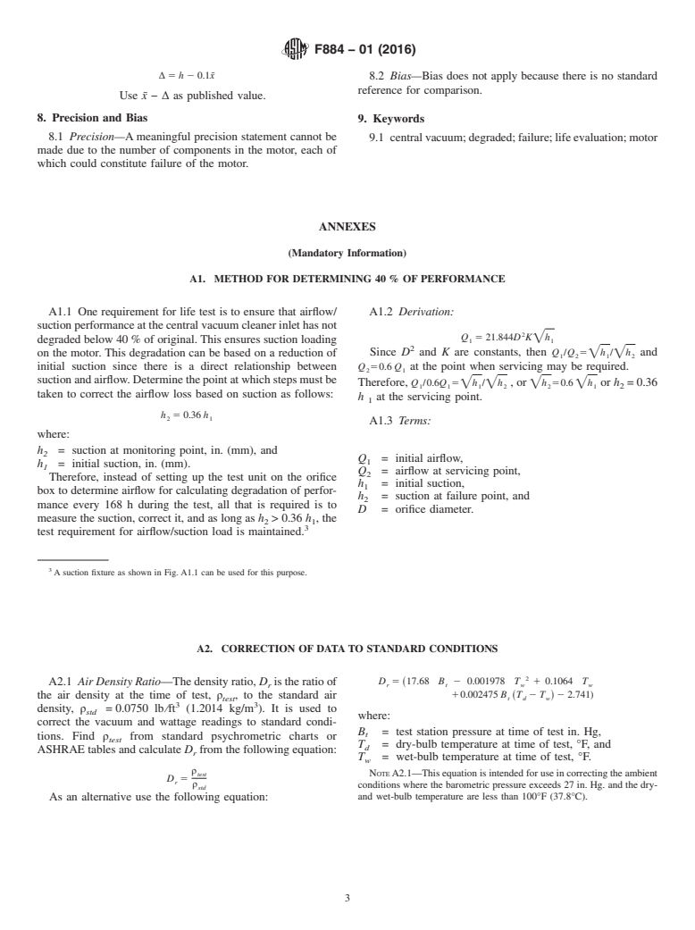 ASTM F884-01(2016) - Standard Test Method for  Motor Life Evaluation of a Built-In (Central Vacuum) Vacuum  Cleaner