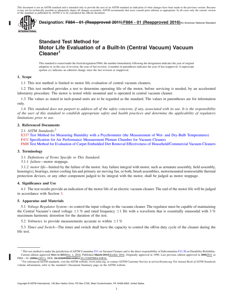 REDLINE ASTM F884-01(2016) - Standard Test Method for  Motor Life Evaluation of a Built-In (Central Vacuum) Vacuum  Cleaner